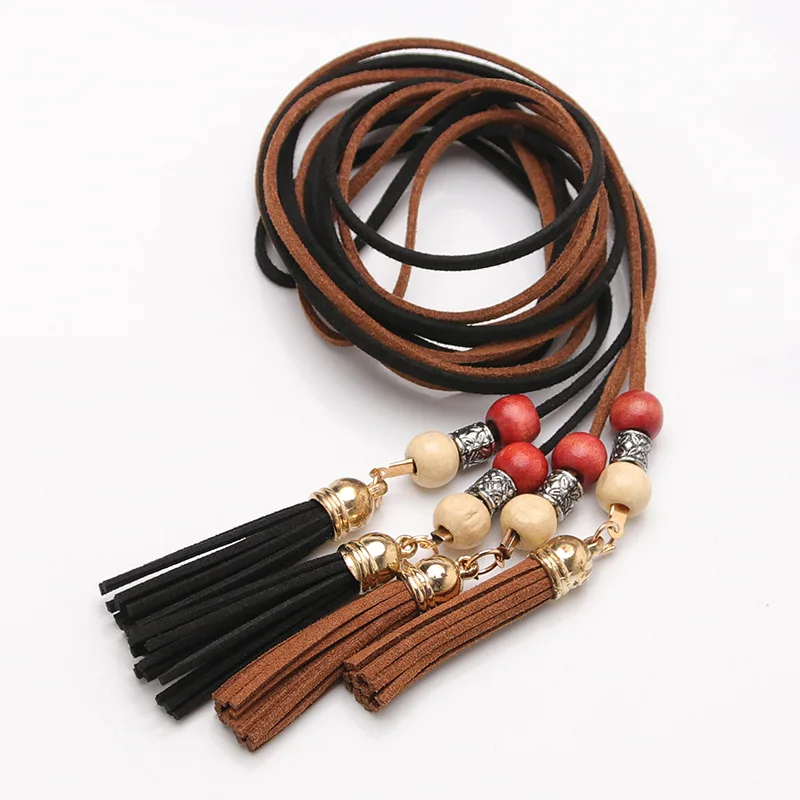 Женские пояса с бахромой Украшенные бусинами тонкий кожаный женский пояс для