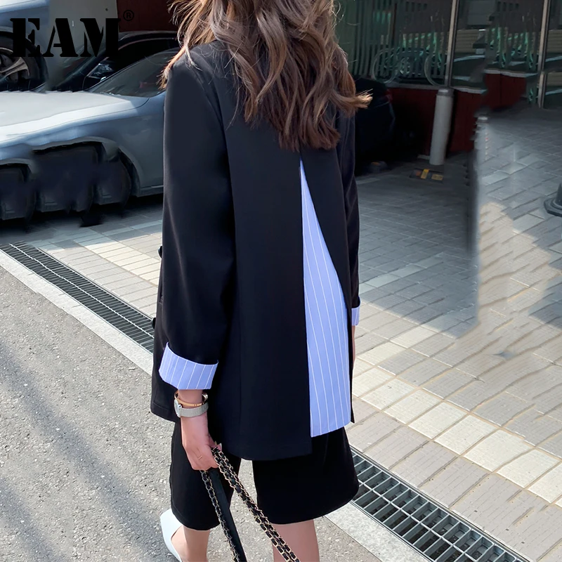

[EAM] Women Black Striped Split Big Size Blazer New Lapel Long Sleeve Loose Fit Jacket Fashion Tide Spring Autumn 2022 1Z369