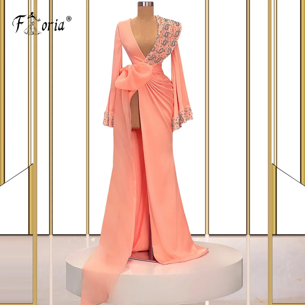 

Светильник-оранжевые платья для выпускного вечера, сексуальное атласное вечернее платье с длинным рукавом, украшенное бусинами, коктейльн...