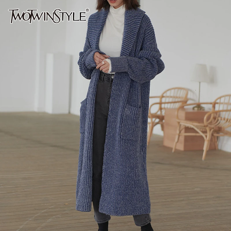 Женский вязаный свитер TWOTWINSTYLE повседневный Свободный кардиган с отложным