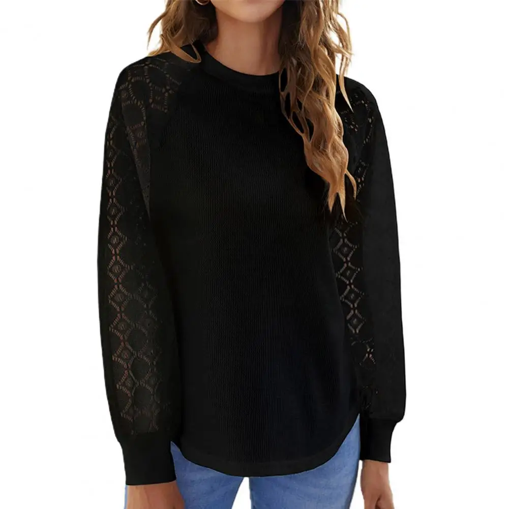 

Women Blouse 2021 Hollow Out Lace Patchwork Autumn Waffle Raglan Sleeve Solid Color Pullover Top Women Elegant Streetwear