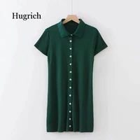 womens summer solid color with front breasted slim fit buttock wrapped lapel and short sleeve dress