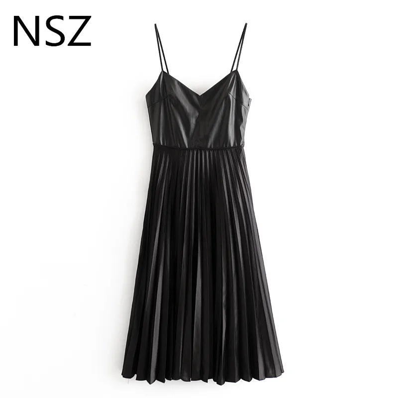 Женское плиссированное платье NSZ черное лоскутное миди из искусственной кожи без