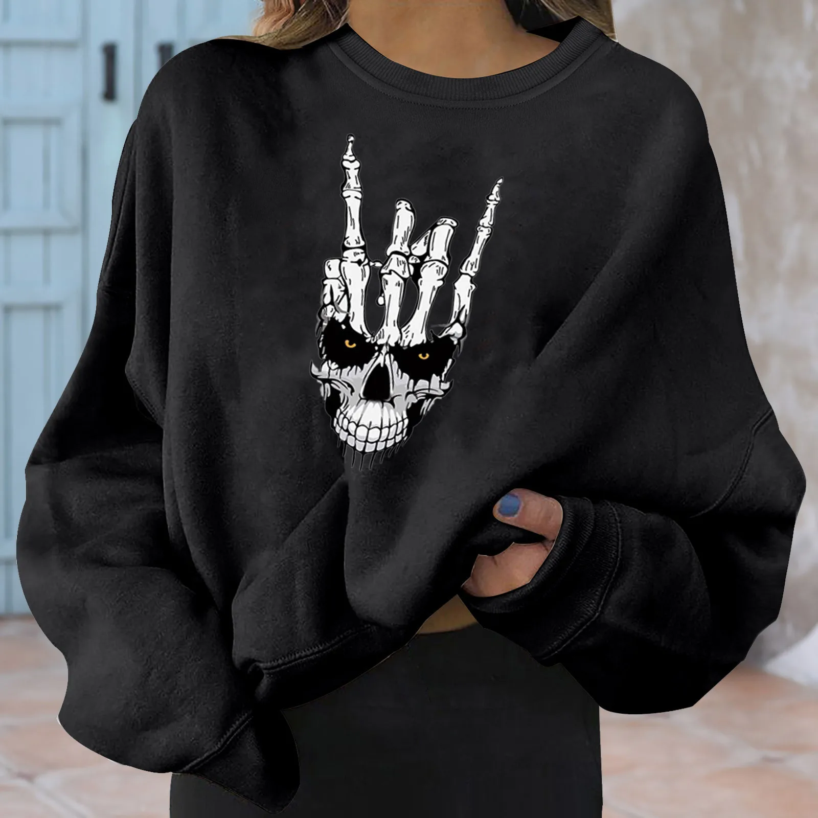 

Women T-shirts Autumn Long Sleeve O-neck Pullover Tops Fashion Y2k Halloween Cartoon Skeleton Printed Female Clothes 2021#fs