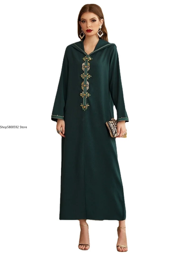 

Cloak Hooded Abaya Dress for Women Ethnic Ribbon Diamond Robe Moroccan Caftan Middle East Arabic Dubai Muslim Clothes