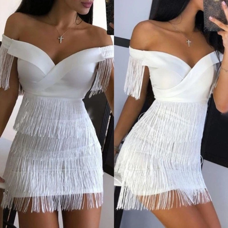

White Fringe Celebrity Evening Runway Party Dress Women Sexy Tassels Short Sleeve Club Dress Vestidos