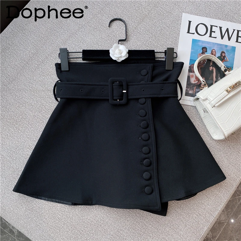 

Fashion All-Matching Button with Belt Short Suit Skirt Women High Waist A- Line Mini Black Skirt Female 2021 Fall Winter Faldas