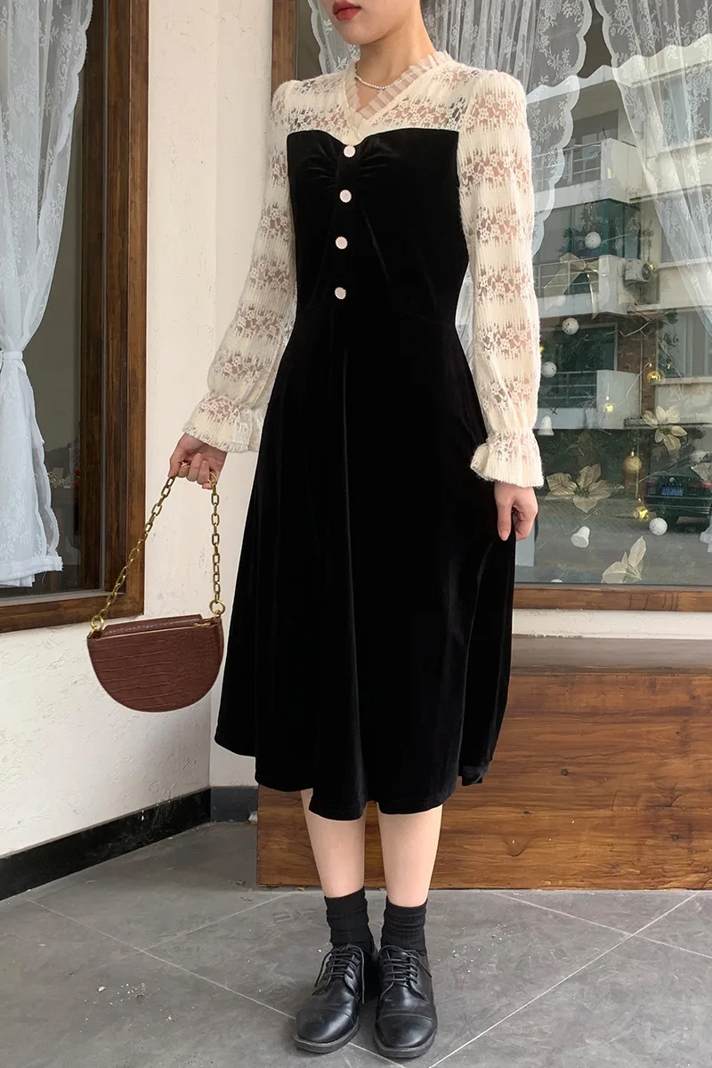 

COIGARSAM Patchwork Women dress New Spring Lace Dresses Black 9022