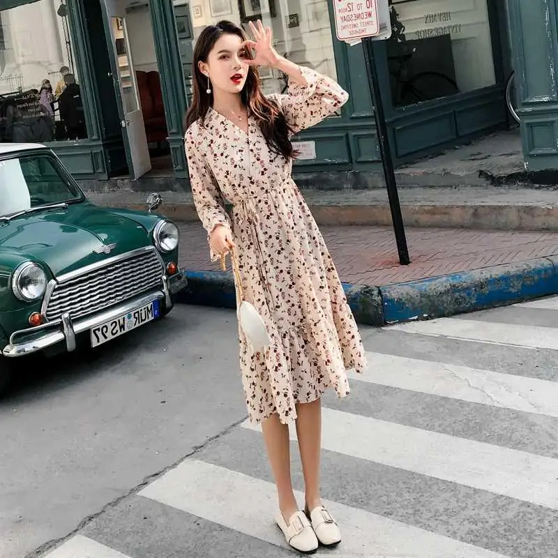 Винтажное шифоновое платье с v-образным вырезом и цветочным принтом женское