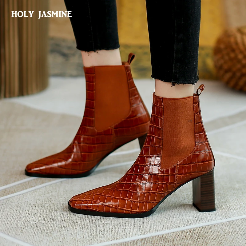 

2021 Women Boots Stone pattern Ankle Boots Fashion Square High Heels Boots Square Toe Autumn Winter Shoes Woman Chelsea Boots