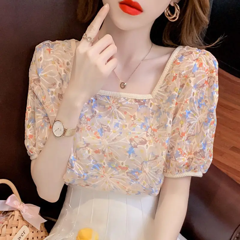 

Autumn New 2023 Korean Fashion French Retro Colorful Ruffle Blouse Round Neck Puff Sleeve Pleated Splicing Temperament Casual