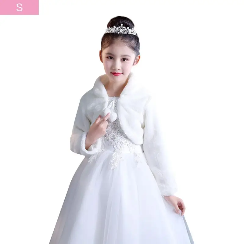 41XC Beige White Elegant Warm Faux Fur Shawl Wedding Flower Girl Wrap Plush Short Coat Fairy Marriage Accessories images - 6