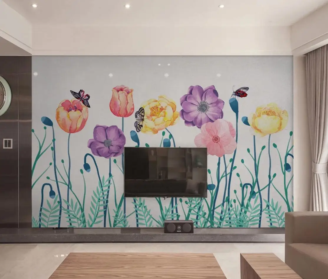 Hand Painted Watercolor Murals Poppy Flower Wallpaper Butterfly Popular Wall Painting Floral HD Art Decor | Обустройство дома