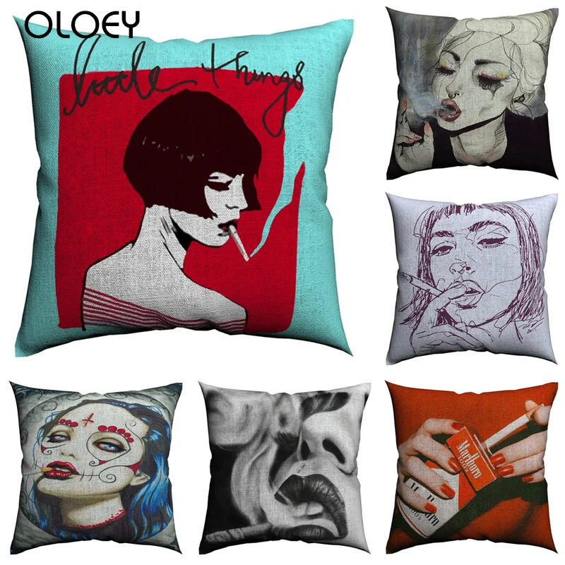 Мягкая и удобная льняная наволочка с изображением курительной девочки размер 45
