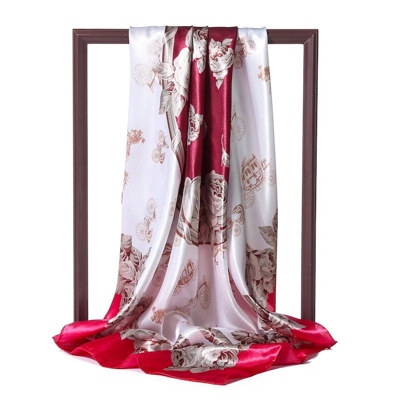 

90cm Women Silk Scarf Square Hijab Neck Scarves Headband Elegant Floral Print Satin Shawls Lady Wraps Foulard Pashmina Bandana