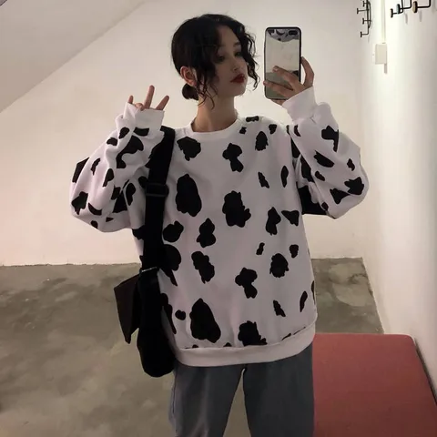 Cute Autumn Cow Milk Hoodies Girls Women Oversized Sweatshirt Female Fashion Loose Hoodie O-neck Japan Harajuku Hoodie Females