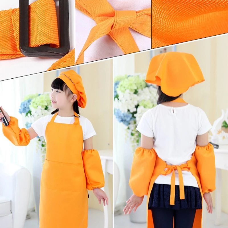 Kids Full Apron Bib Set with Pocket and Hat Sleeves Craft Kitchen Chef Cooking Art Children Diy Apparel Red | Дом и сад