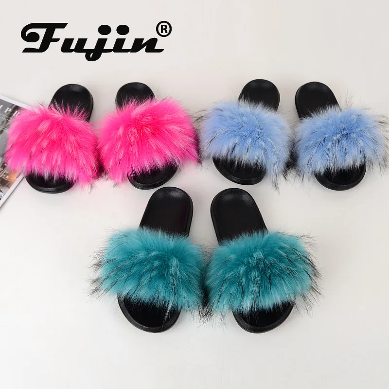 Женские меховые шлепанцы fujin черные из искусственной кожи на плоской подошве