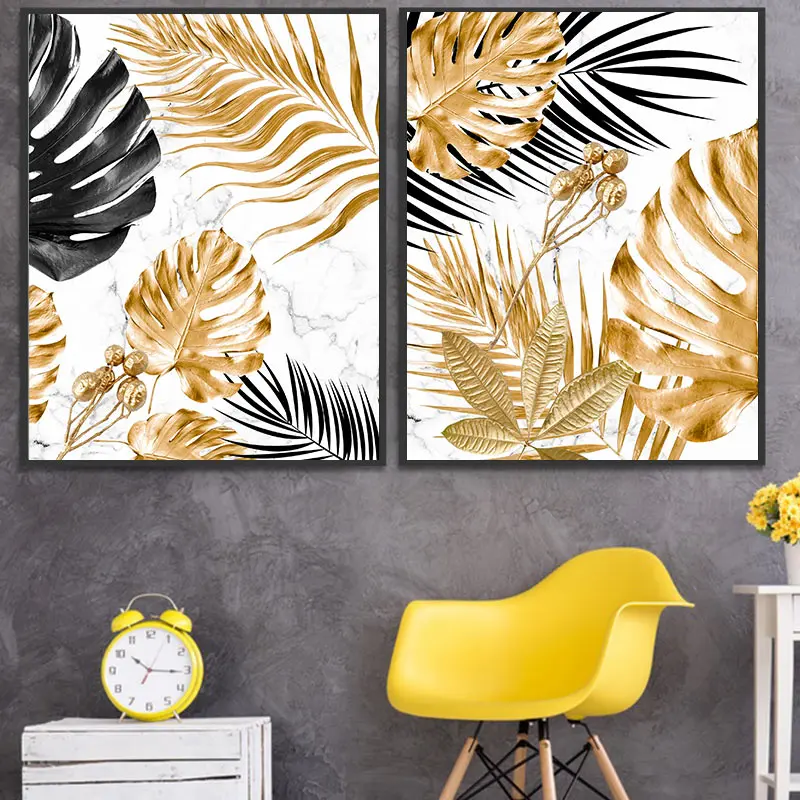 Скандинавский постер с золотыми листьями на холсте абстрактный изображением
