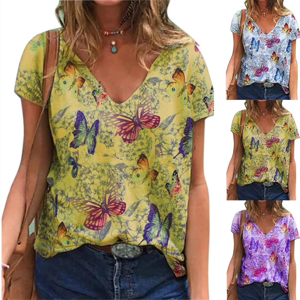 

Women TShirts Butterfly Print V Neck Short Sleeve Top Graphic Tee Loose T Shirt Women Clothing Casual Harajuku T Shirt Beach