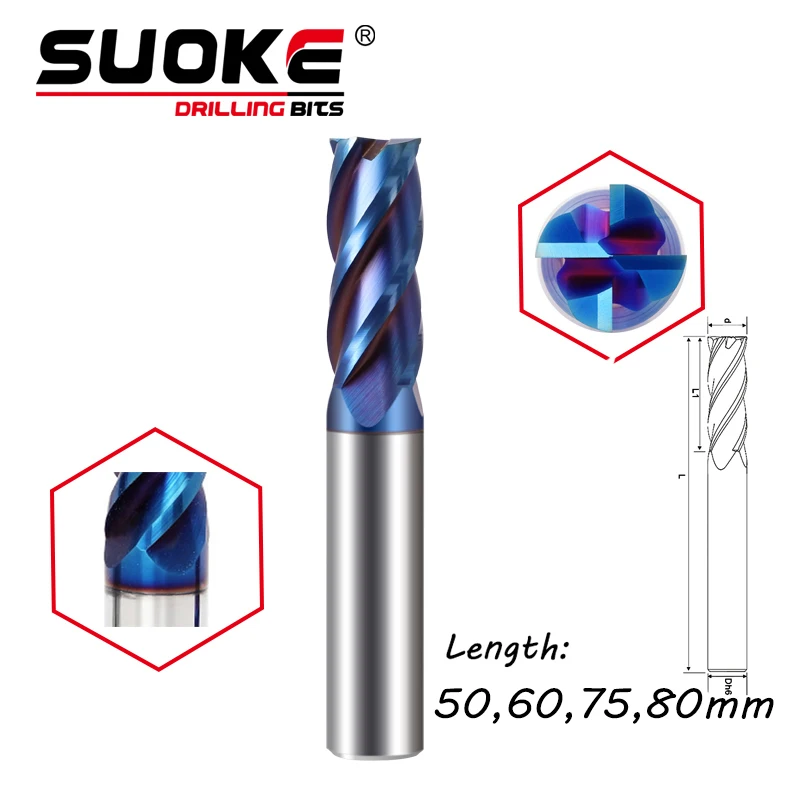 

SUOKE 50mm-80mm Tungsten Steel Carbide End Mills Degree 60 Flutes 4 Alloy Milling Cutter HRC65 CNC Lather Machine Cutting Tools