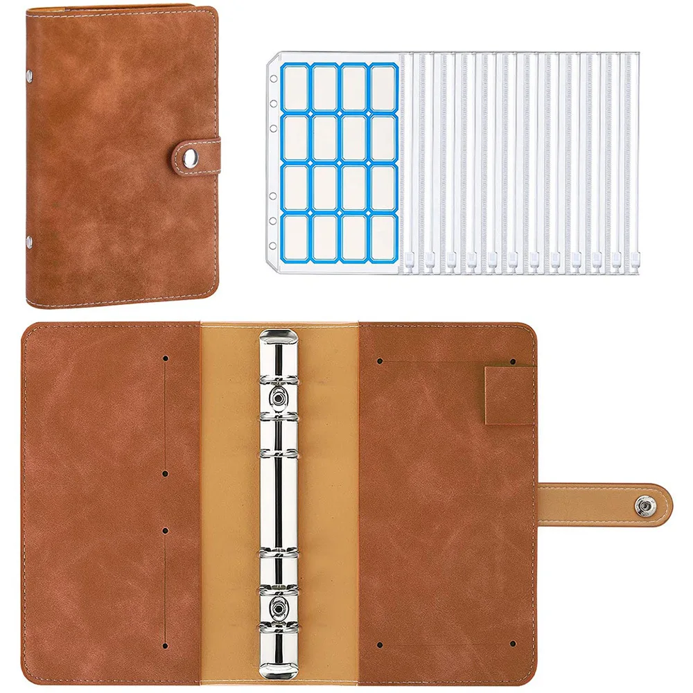 

A6 Binder PU Leather Budget Planner Refillable 6 Round Rings Binder Cover Notebook Folder with 12 PCS Clear Plastic Envelopes