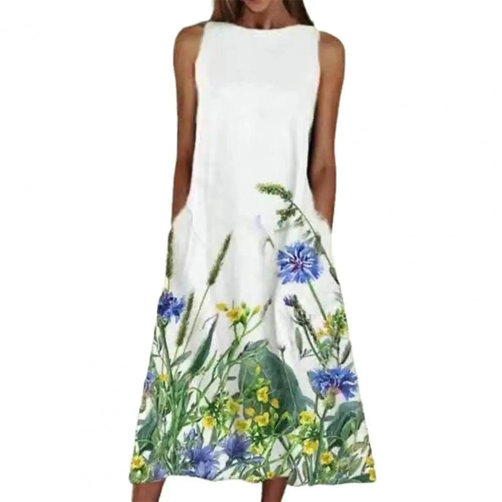 

Elegant Women Floral Print Sleeveless A-Line Round Neck Midi Long Dress Pockets Sleeveless Women Sundress Beach faldas largas