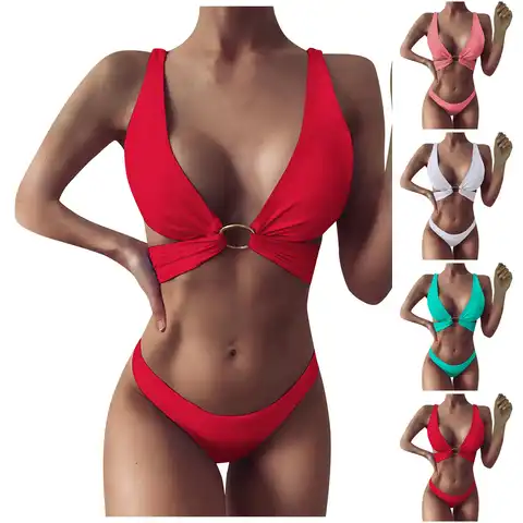 Women Bikini Solid Set Swimsuit Two Piece Filled Bra Swimwear Beachwear Solid Swimsuit Sexy Brazilian Thong Bikini Biquinis