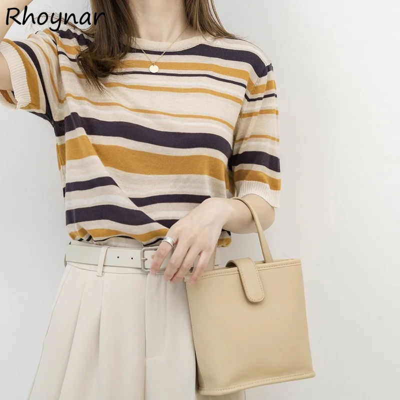 

Футболки женские в полоску, элегантные мягкие универсальные яркие офисные топы, повседневные винтажные Простые Модные майки, лето