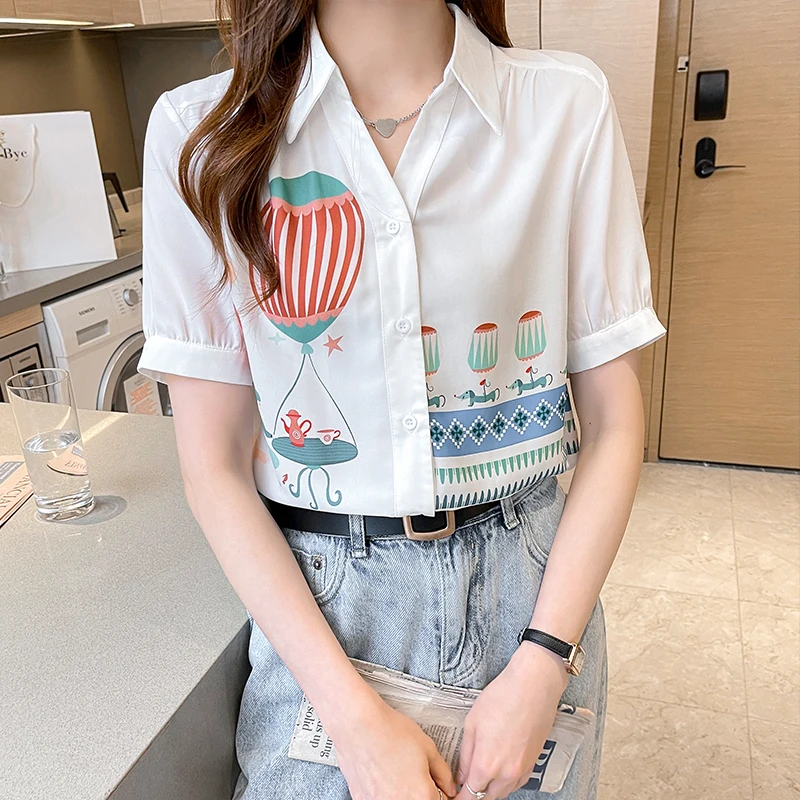 

Single Breasted Printed Chiffon Shirt Female Summer 2021 New Women's Tops Short Sleeve Office Lady Casual Blouse