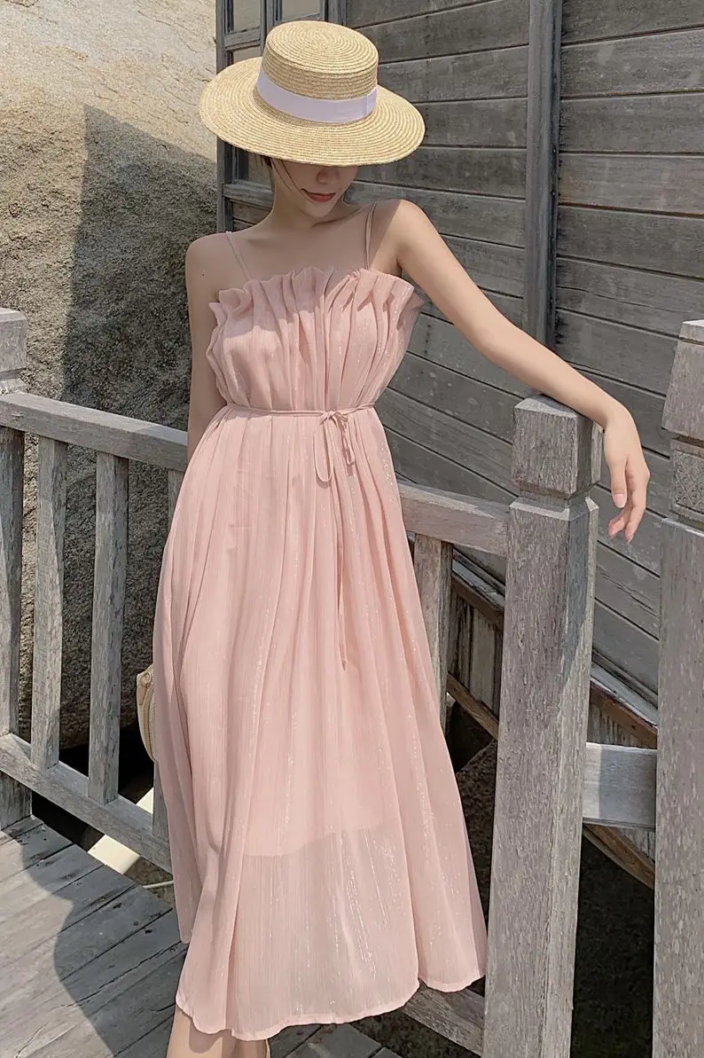 

COIGARSAM Beach Style Loose Women dress Spaghetti Strap Backless Strapless Dresses 6040