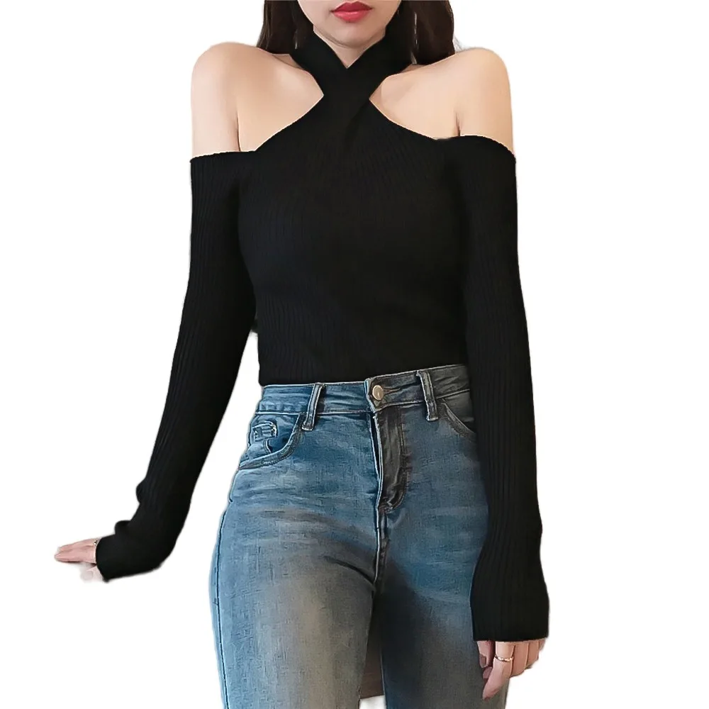 Женский трикотажный свитер с открытыми плечами длинным рукавом - купить по