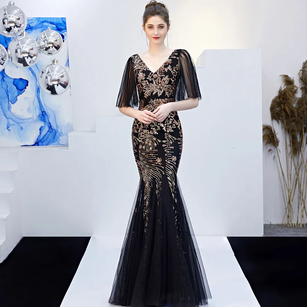Черное блестящее Макси-платье русалки с блестками элегантное облегающее длинное