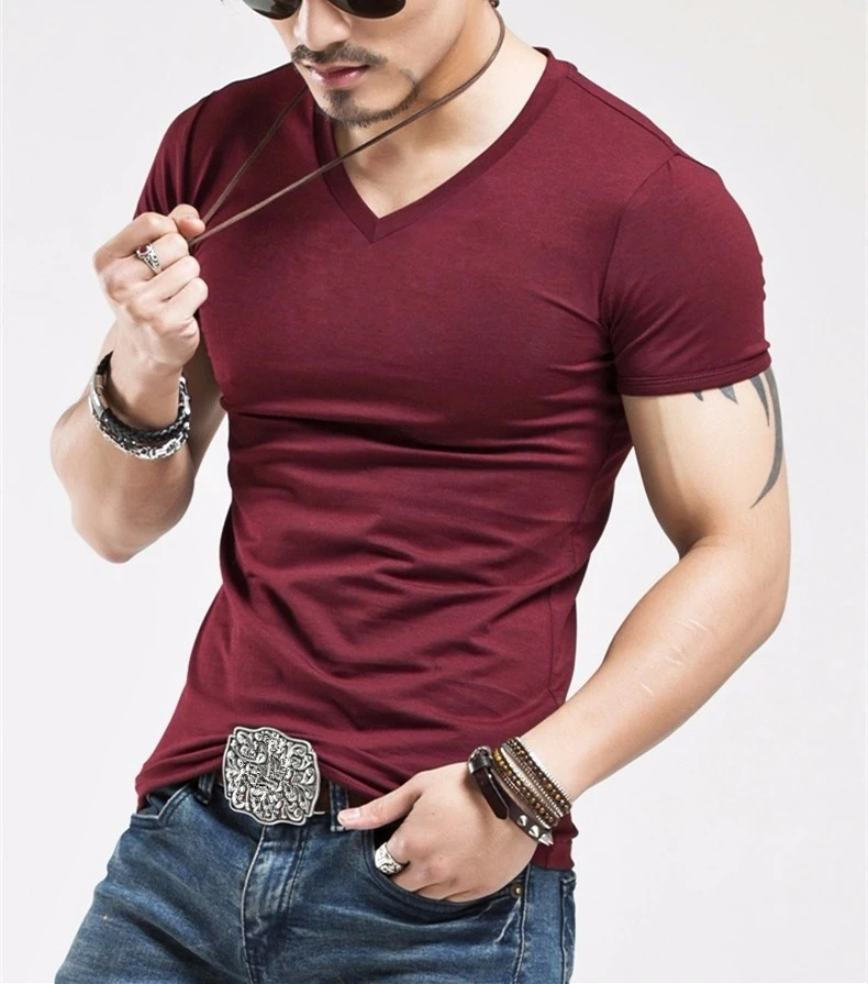 2022 Stretch Lycra V Collar Mens T Shirt Solid Color Short Sleeved T-Shirt For Male Men Tights Slim Tshirt