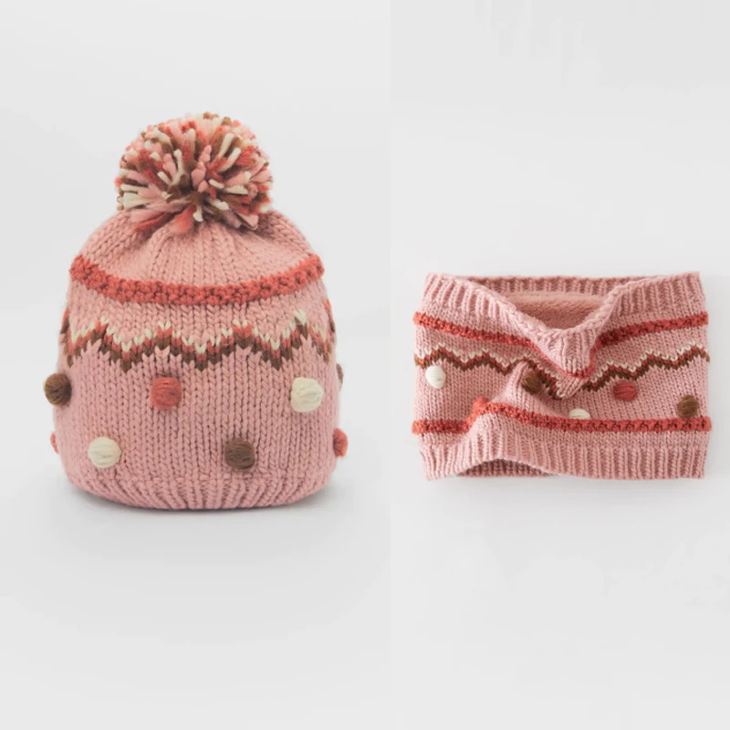 Шапка, шарф, комплект для девочек, зимняя шапка с помпоном, детская розовая Флисовая теплая Осенняя Лыжная шапка, аксессуар для улицы