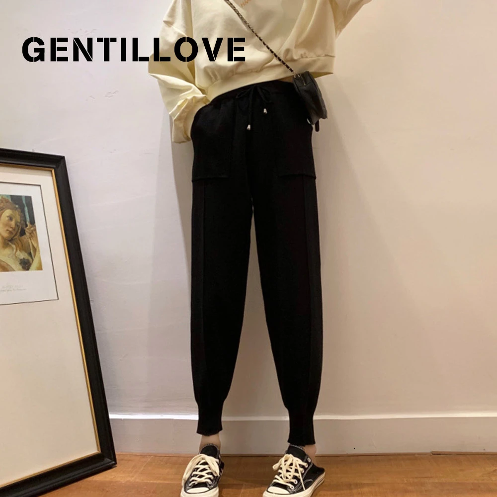 

Gentillove Chic High Waist Drawstring Harem Pants Women Loose Trousers Vintage Harajuku Knitted Pants Sweatpants Carrot Pants