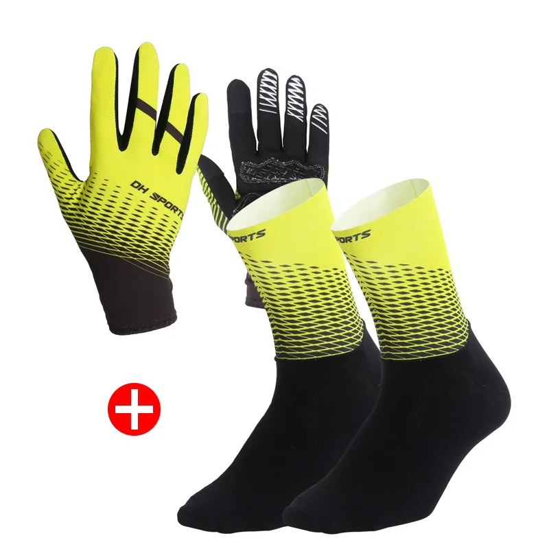 Yellow Set Новые велосипедные перчатки с полными пальцами с носками, спортивные противоударные противоскользящие MTB велосипедные перчатки с сенсорным экраном, мужские и женские велосипедные перчатки - Цвет: Yellow Set