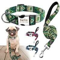 fashion print custom pet dog collar leash set personalized dog collars and leash engrave name lead for small medium large dogs