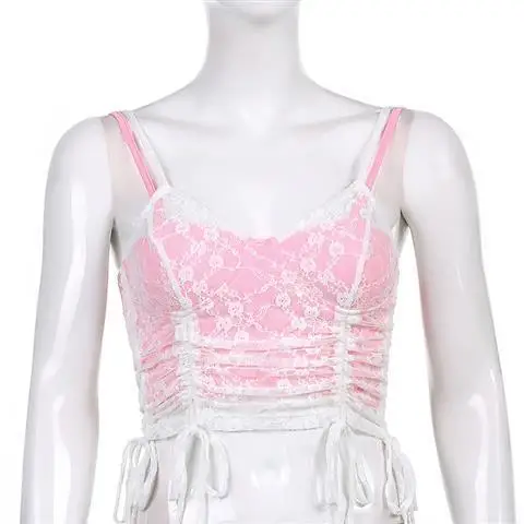 

Women's tube top summer sweetheart girl pink suspender lace shirt female design sense straps pleated slim short vest tank top