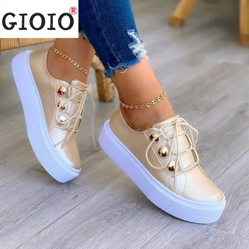 

Autumn White Sneakers Women's PU Leather Sneakers Canvas Lace-up Women's Shoes Thick-soled Breathable Casual Women's Sneakers