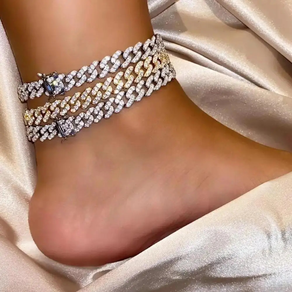 StonrFans Fashion Rhinestone Stainless Steel Cuban Link Anklets for Women Foot Hip Hop Punk Anklet Bracelet Bling Jewelry Chains