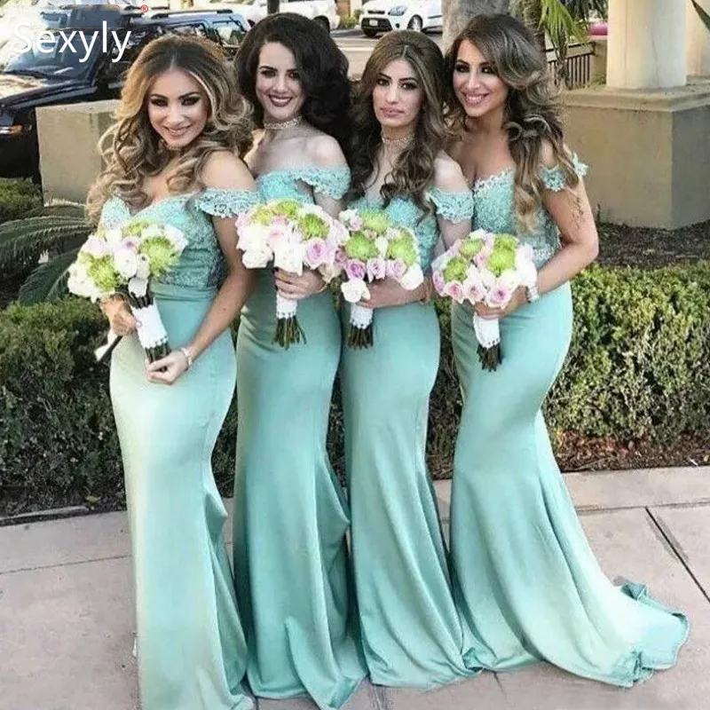 

Elegant Turquoise Green Bridesmaid Dresses Off The Shoulder Mermaid Lace Prom Dress Vintage Boho Wedding Guest Party Dress Long