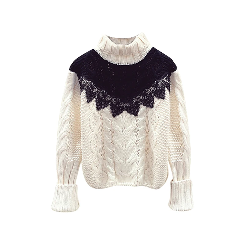 white sweater MUMUZI, черный кружевной женский свитер,, зимние женские свитера и пуловеры, толстый вязаный белый свитер, женский свободный пестрый свитер - Цвет: white sweater
