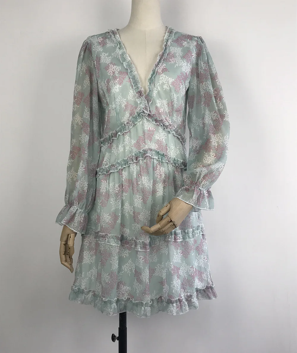 Женское шифоновое платье с рукавами фонариками и v образным вырезом Повседневное