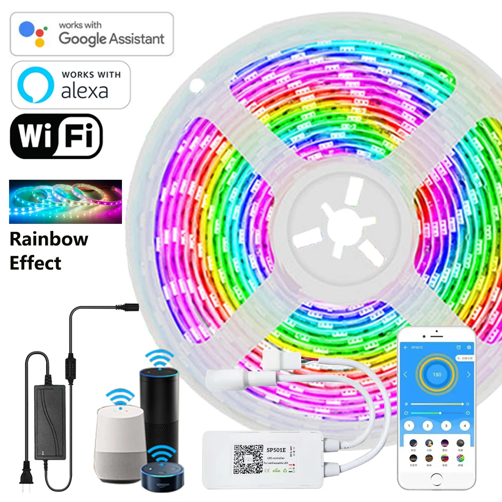 

LED Pixel Strip Light WS2811 12V Chasing Rainbow Effect Wifi Smart Strip RGBIC Addressable 5M 10M Work With Alexa Voice Control