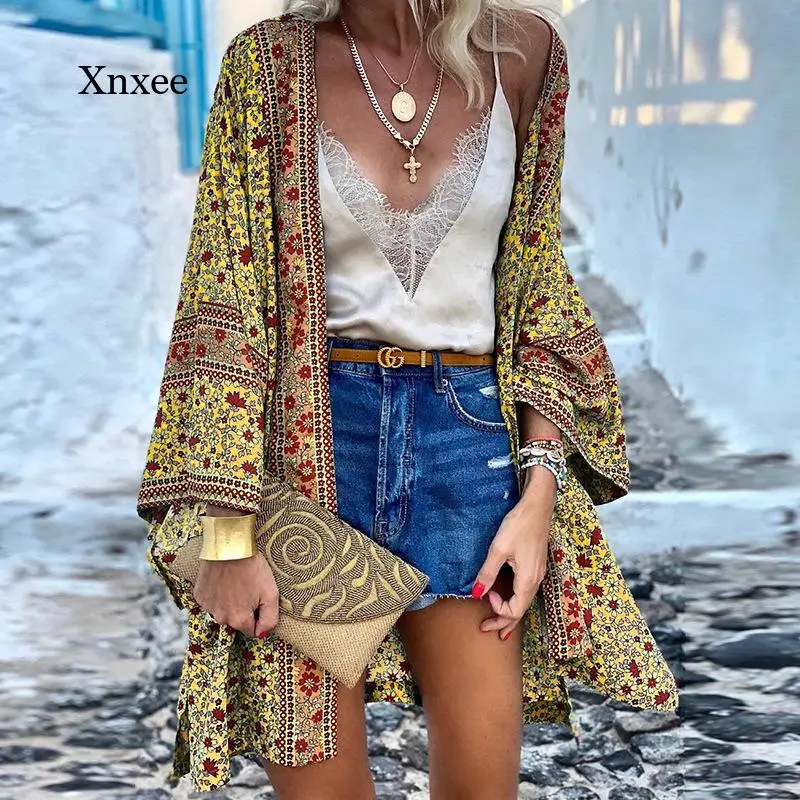 

2021 Summer Ladies Kimono Cardigan Casual Retro Ladies Long Crochet Chiffon Kimono Loose Floral Print Top
