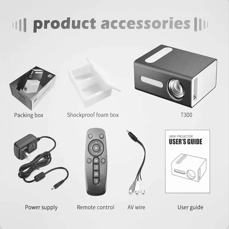 

T300 mini projector supports 1080P HDMI USB portable projector home multimedia display screen 16-100 inches high-definition proj
