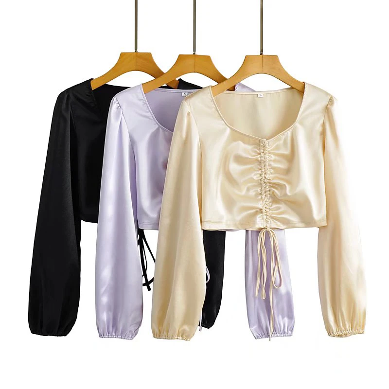 

YENKYE New Women Front Drawstring Satin Blouse Sexy V Neck Long Sleeve Summer Crop Top Ladies Chic Blusas