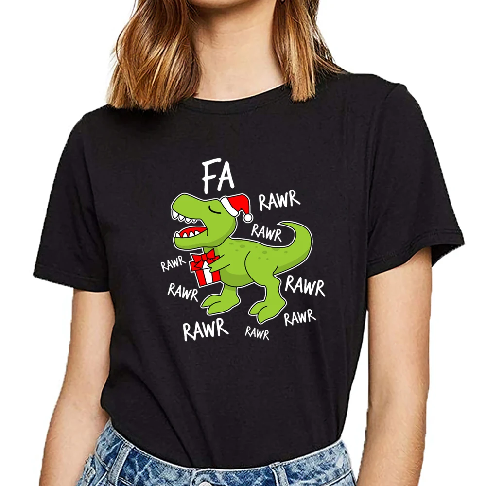 

Женская короткая футболка с рождественским динозавром