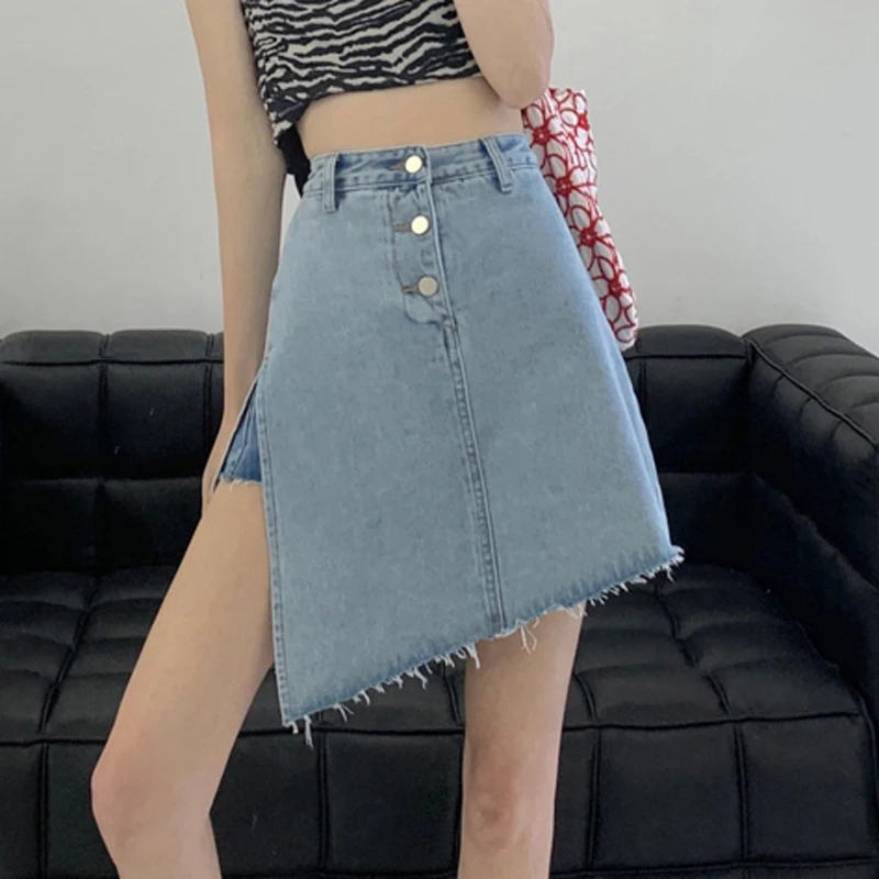 

Zoki Blue Denim Women Skirt Slim High Waist Tassel Split Fork Jeans A Line Korean Ladies Cotton Street Mini Skirt Fashion New
